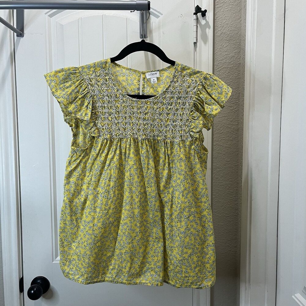 J. Crew Yellow Embroidered Floral Flutter Sleeve Keyhole Top Cottage Boho Size M